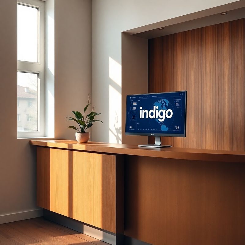 Minimalist office reception desk with an indigo-branded monitor