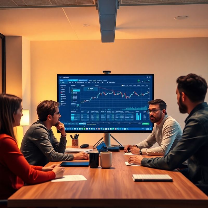 Small engineering team around a monitor showing a trading automation interface